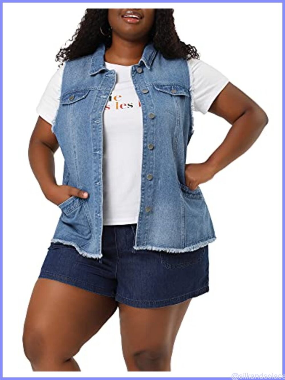 Women's Plus Denim Vest Sleeveless Button Front Frayed Hem